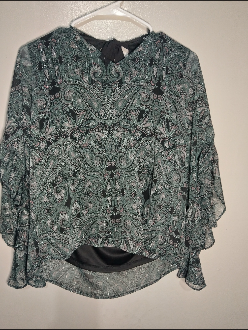 BCX Teal and Black Paisley Layered Chiffon Blouse